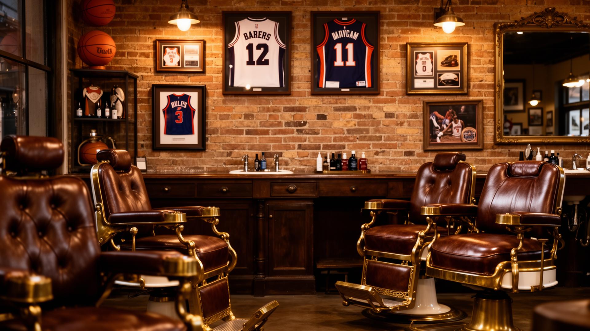 Sports Barber Shop interior with leather chairs and sports memorabilia